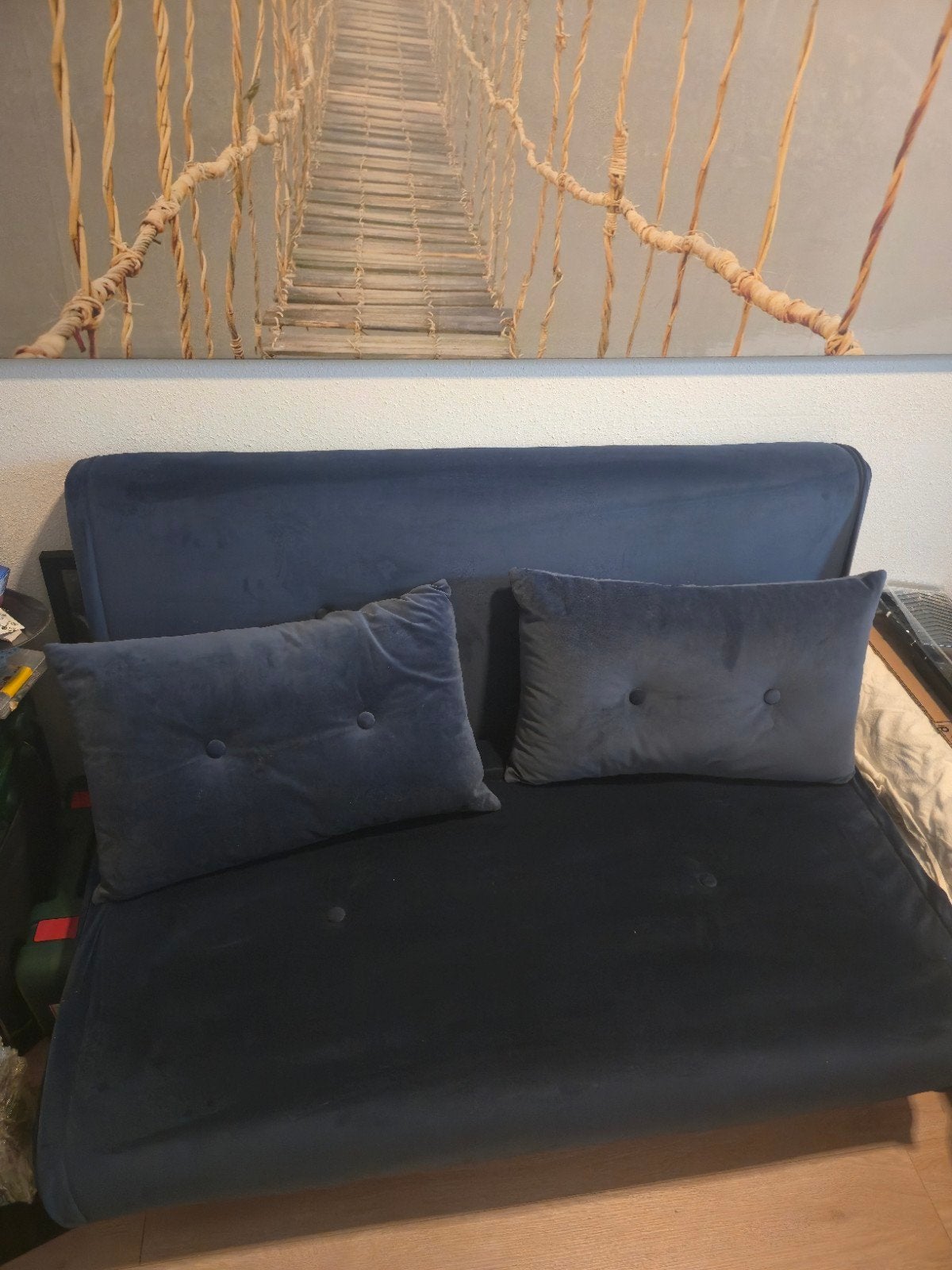 Made donkerblauwe velvet slaapbank – zo goed als nieuw, Ophalen of Verzenden, Zo goed als nieuw, Tweepersoons