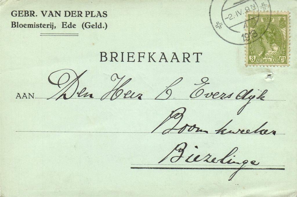 Gebr. van der Plas, Bloemisterij, Ede [Geld.] - 04.1918 - br, Ophalen of Verzenden, Briefkaart