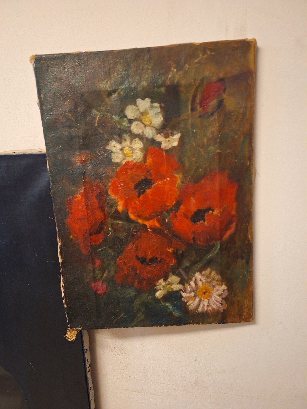 Oud schilderij met klaprozen en madeliefjes, Antiek en Kunst, Ophalen of Verzenden