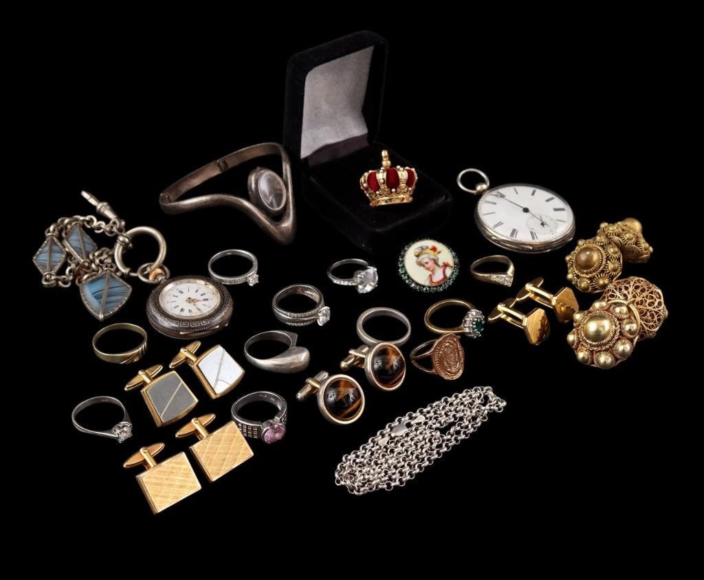 Zilveren Ringen Manchetknopen Jasseronketting Zakhorloge etc, Antiek en Kunst, Ophalen of Verzenden, Zilver