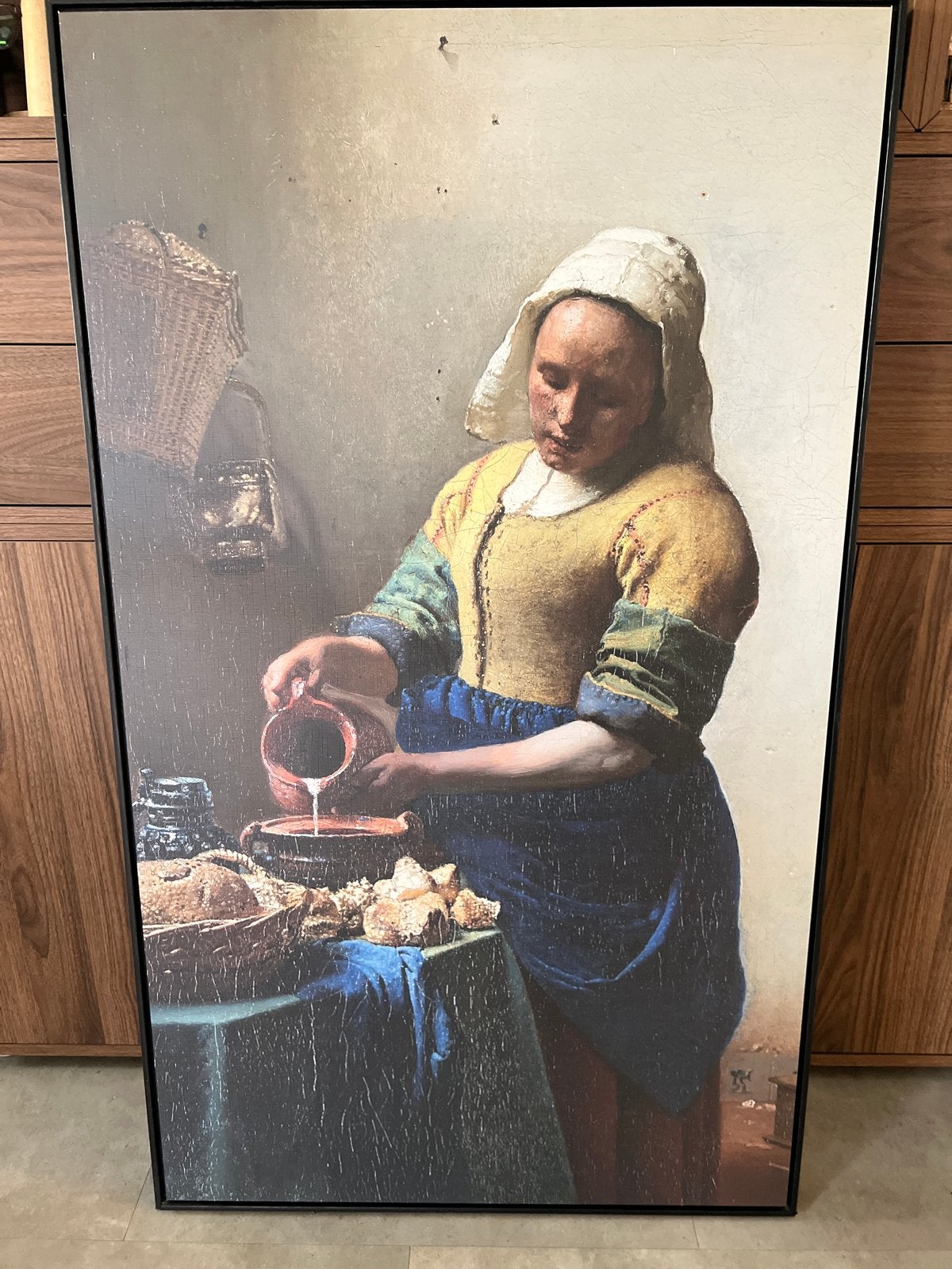 De Melkmeid van Vermeer - Ingelijste reproductie, Antiek en Kunst, Doek, Portret of Personen, Ophalen of Verzenden, Klassiek