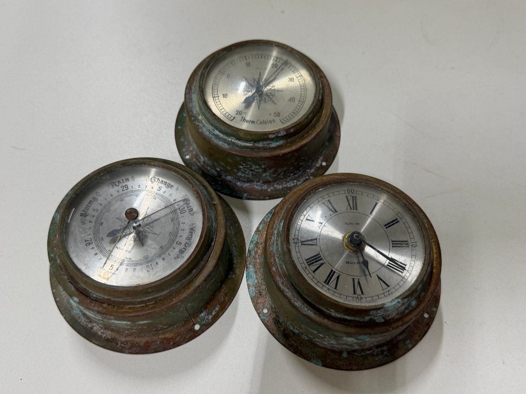 Bronzen/messing klok / thermometer / barometer, Ophalen of Verzenden, Gebruikt, Interieur en Kussens