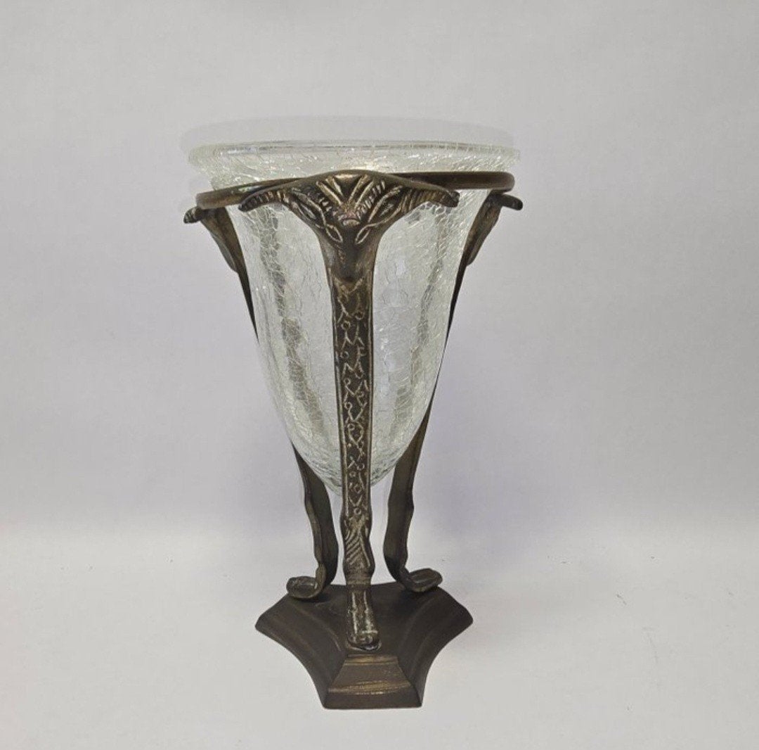 Antieke Art Deco Vaas met Bronzen Voet en Craquelé Glas, Antiek en Kunst, Ophalen of Verzenden