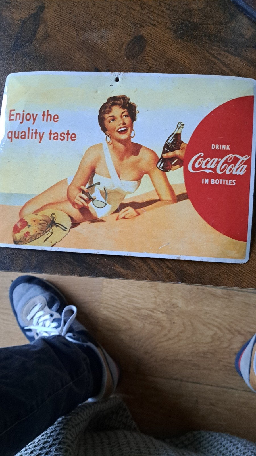 Vintage Coca-Cola reclamebord - 'Enjoy the quality taste', Ophalen, Gebruikt, Reclamebord