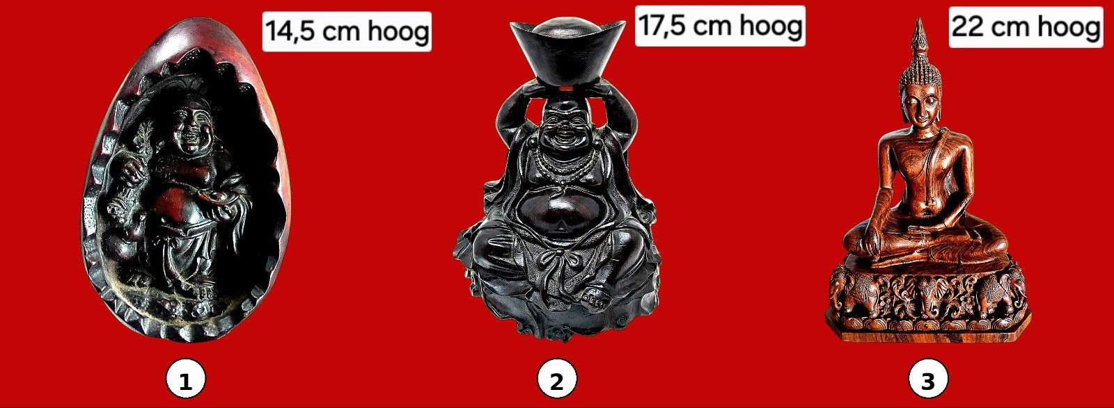 Set van 3 Boeddha beelden - Houtsnijwerk, Ophalen, Gebruikt, Hout, Bruin