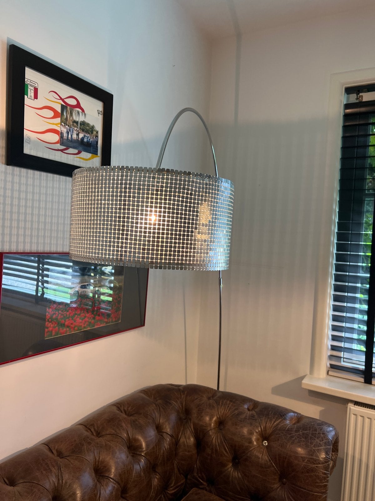 Zilverkleurige booglamp op voet, dimbaar, Huis en Inrichting, Gebruikt, Metaal, 150 tot 200 cm, E27 (groot)