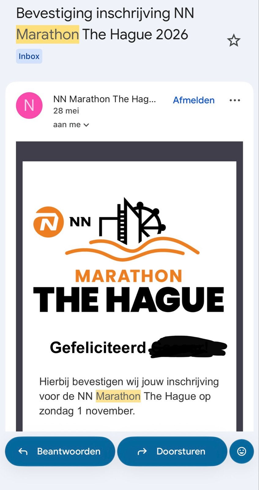 Startbewijs NN Marathon Den Haag 2026 + ASICS shirt heren XL, Eén persoon, Oktober
