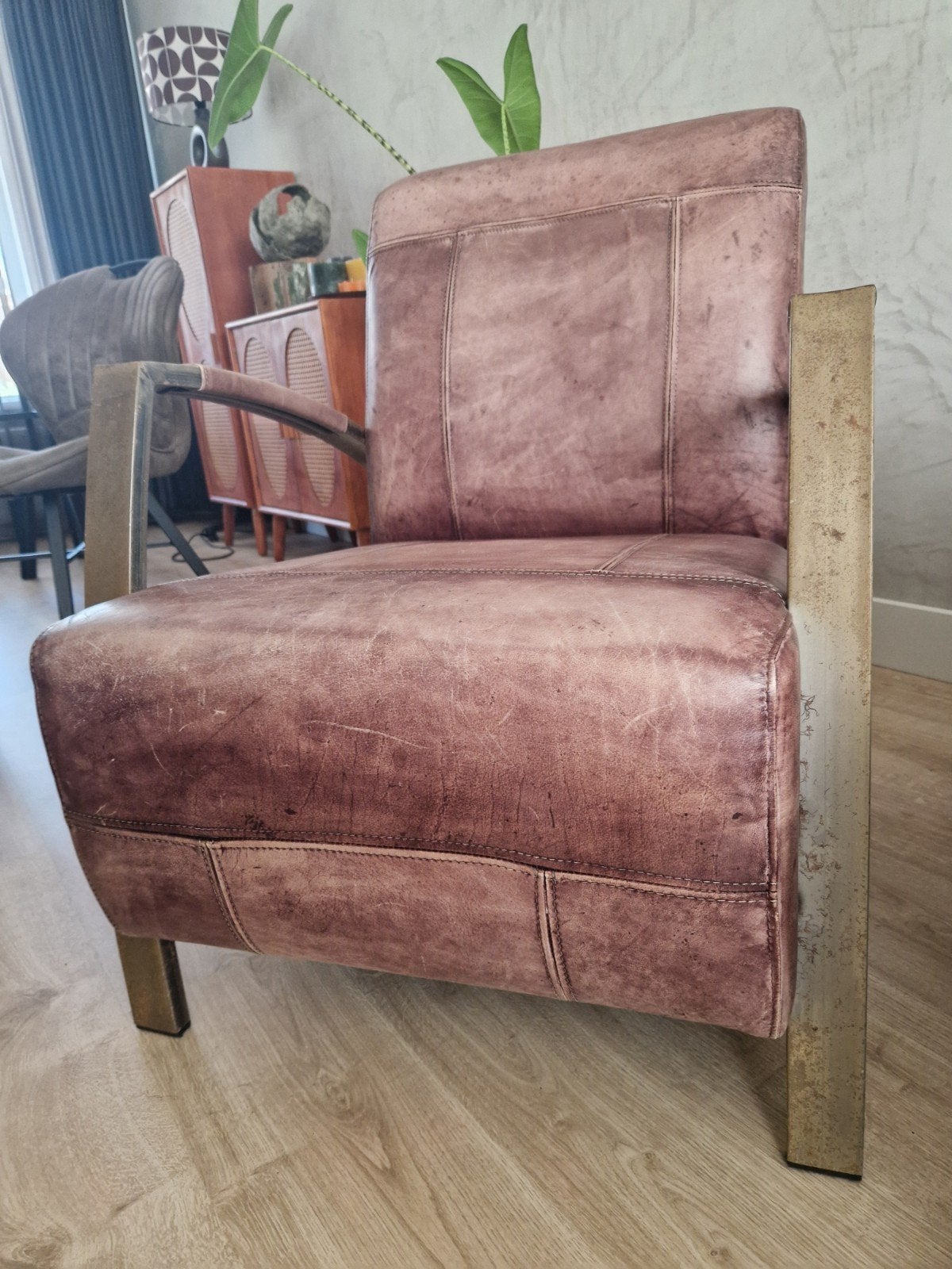 Industriële Vintage Leren Fauteuil, Ophalen, Gebruikt, 75 tot 100 cm, Industrieel, Vintage
