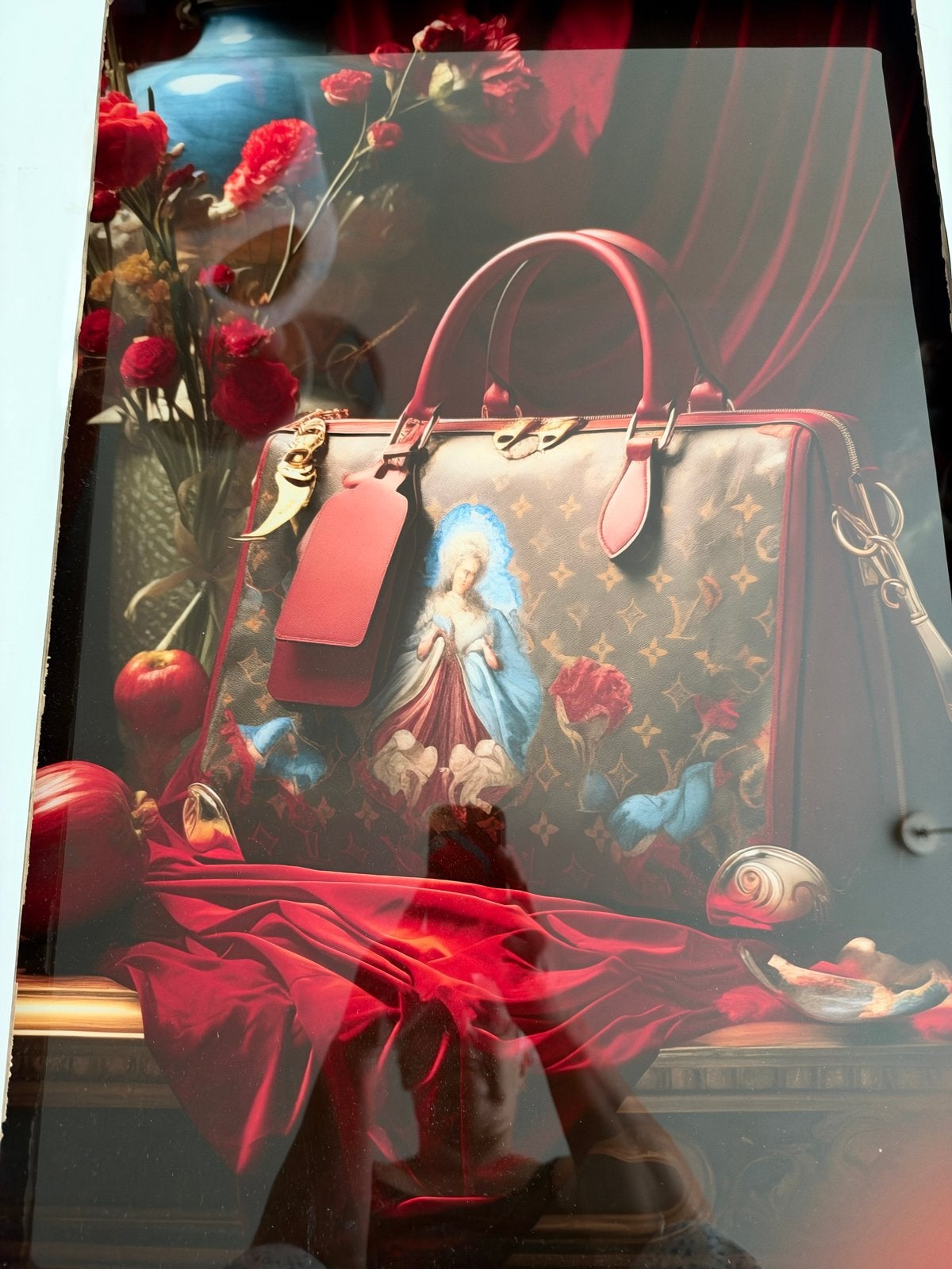 Glaschilderij 60x80cm - Louis Vuitton tas met Madonna, Ophalen, Overig onderwerp, Glas, Achter glas