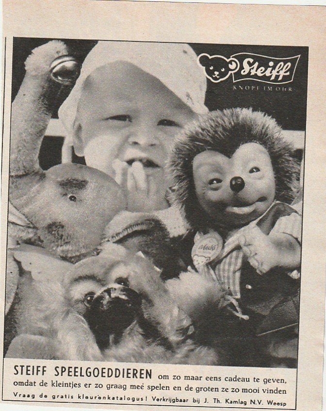 Retro reclame 1969 Steiff speelgoed knuffels egeltje Mecki, Verzenden, Overige typen