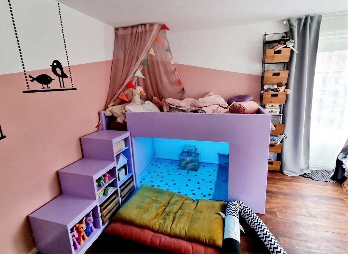 Demontabel kinderbed met speelruimte - Paars, Ophalen, Gebruikt, 90 cm, Eenpersoons