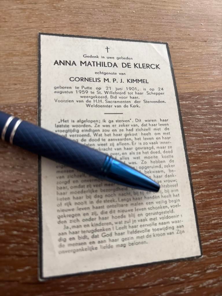 Klerck Anna 1901 Putte 1959 St Willebrord x Kimmel - E00897, Ophalen of Verzenden, Bidprentje