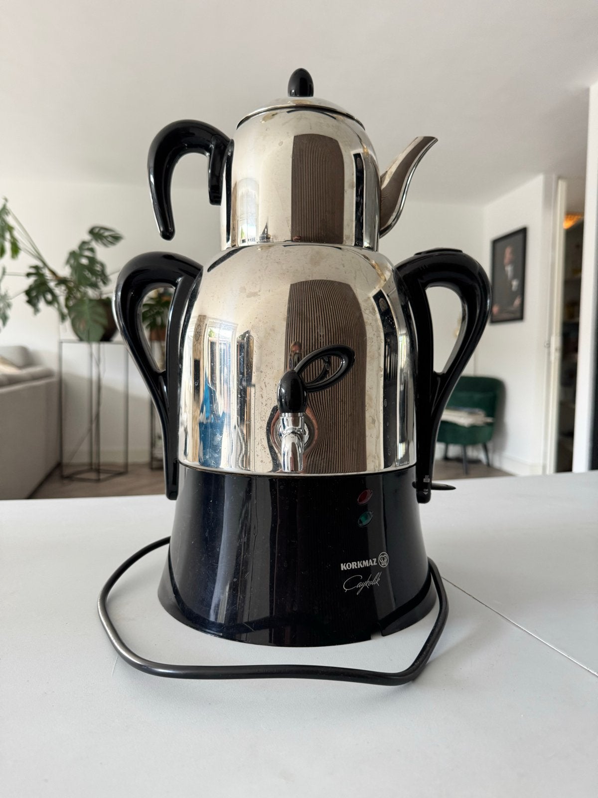 Korkmaz Caykolik Turkse theemaker/waterkoker, 2 liter of meer, Ophalen, Gebruikt, Rvs