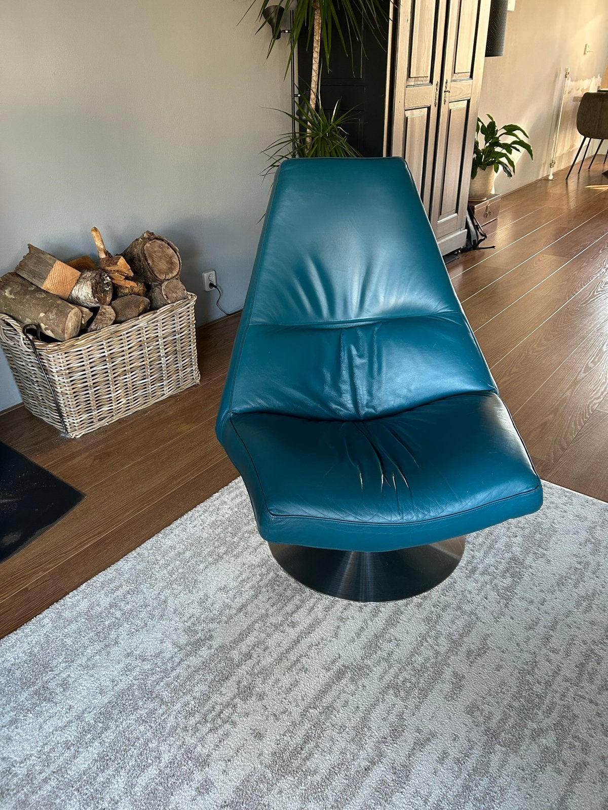 Leren fauteuil op draaivoet - Petrolblauw, Huis en Inrichting, Ophalen, Gebruikt, Leer, 75 tot 100 cm