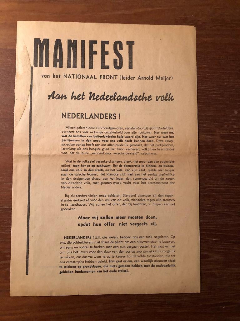 MANIFEST van het Nationaal Front (leider Arnold Meijer), Verzenden, Tweede Wereldoorlog, Gelezen, Overige onderwerpen