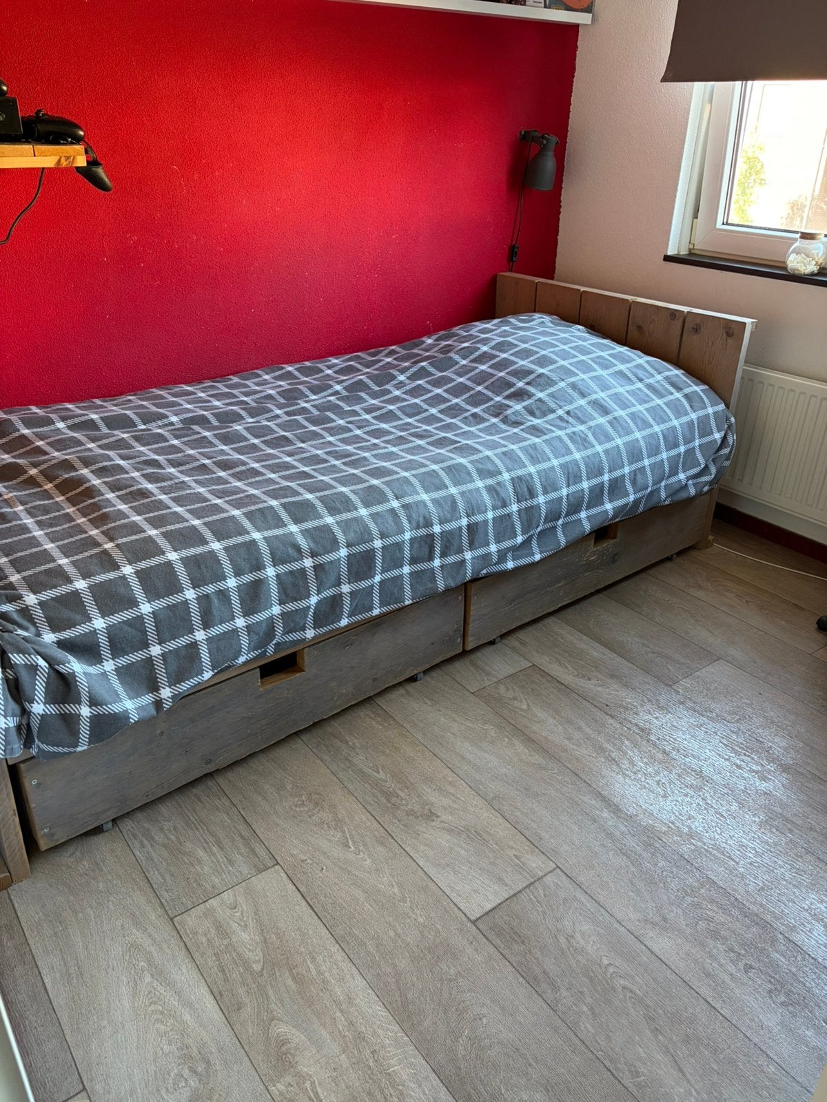 Steigerhout bed met 2 lades, Ophalen, Eenpersoons, Steigerhout, 90 cm