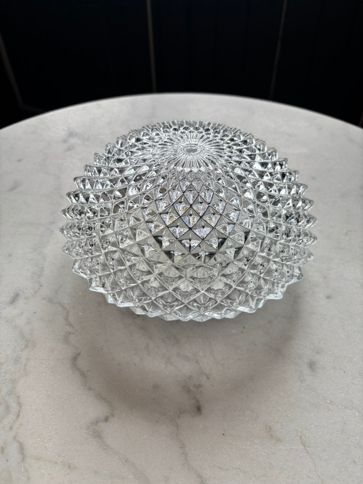 Vintage ronde plafoniere diamant driehoek bloem glazen lamp, Ophalen of Verzenden, Zo goed als nieuw, Glas
