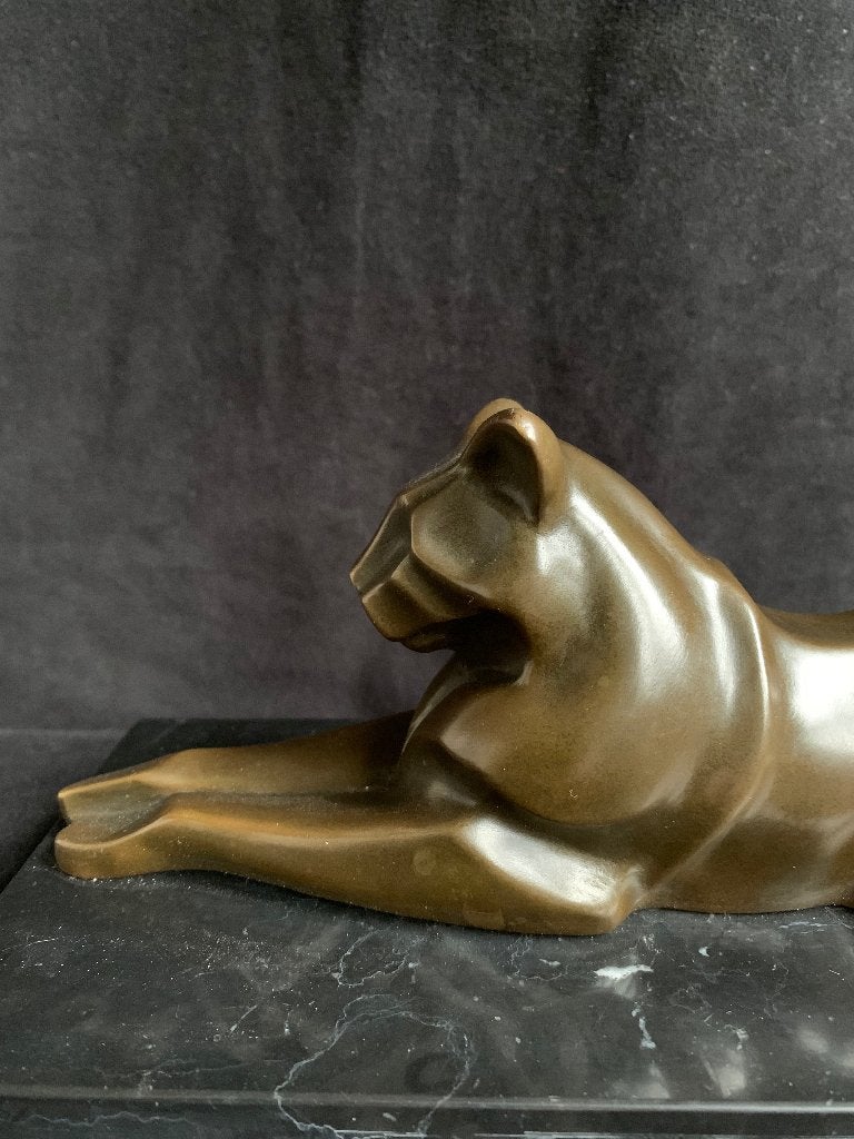 Liggende Poes, Art Deco, Brons., Ophalen of Verzenden, Gemerkt, Brons, Beeld