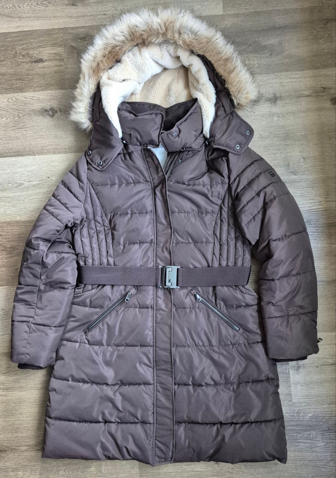 Esprit donkerbruine donsjas met bontkraag - Maat M, Maat 38/40 (M), Bruin, Ophalen of Verzenden, Zo goed als nieuw