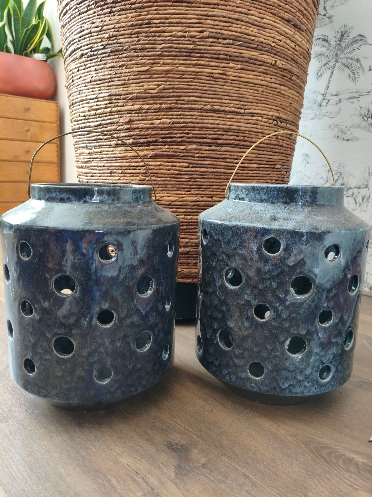2 XL keramiek lantaarns 34 cm hoog diameter 23 cm nieuw, Ophalen