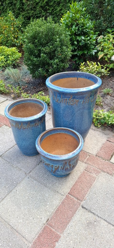 Set van 3 blauwe bloempotten met seizoensnamen, Gebruikt, Rond, 40 tot 70 cm, Ophalen