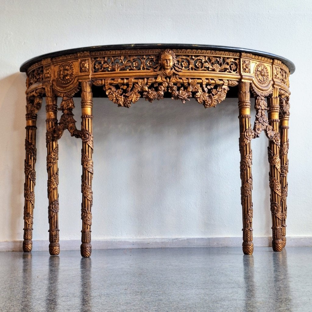 French Baroque Half-Moon Wall Console with Marble top, Ophalen