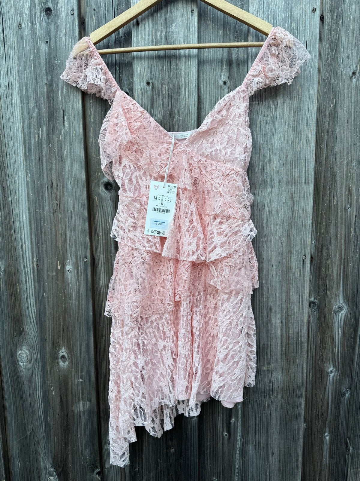 Zara roze kanten jurk met ruches - Maat M, Maat 38/40 (M), Verzenden, Nieuw, Roze