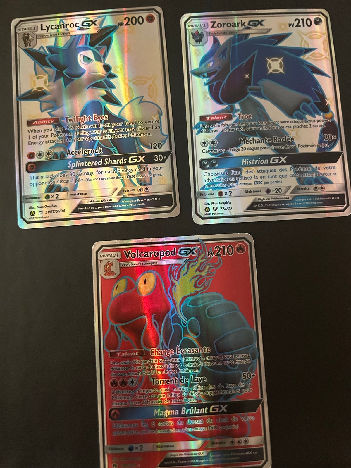 Pokémon GX Kaarten: Lycanroc, Zoroark, Volcaropod, Ophalen of Verzenden, Gebruikt, Meerdere kaarten, Foil