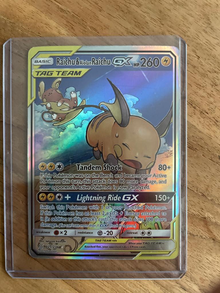 Raichu & Alolan Raichu GX TAG TEAM Pokémon kaart, Ophalen, Zo goed als nieuw, Losse kaart, Foil