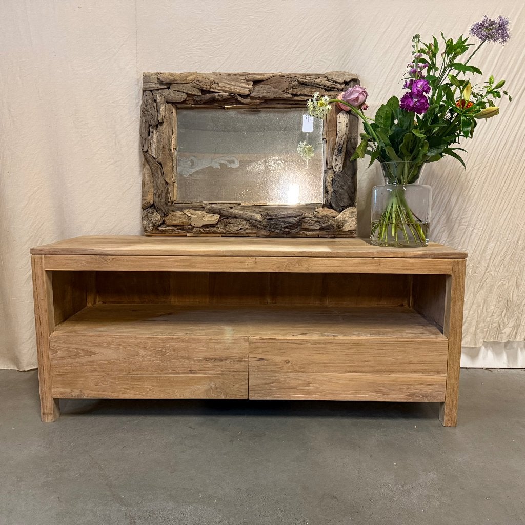 tv meubel teak - 130 cm breed - 2 lades - Gratis bezorgd