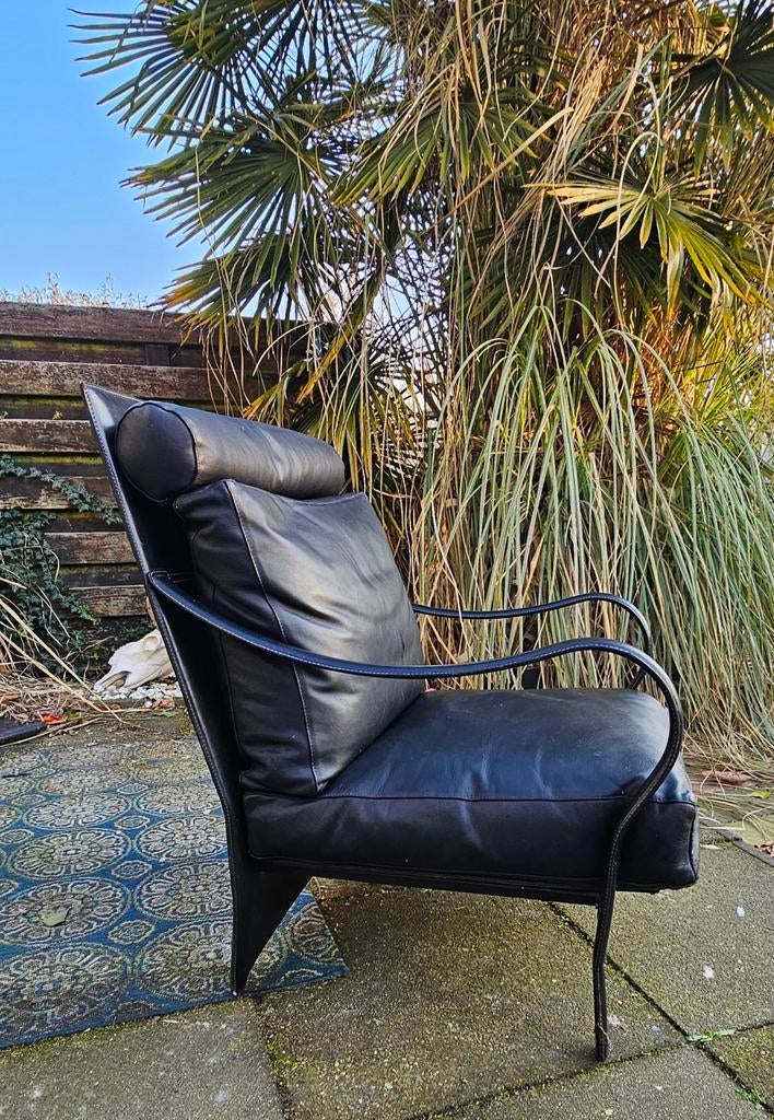 Vintage zwart leren fauteuil Marac Divani e Poltrone, Ophalen, Gebruikt, Vintage, 75 tot 100 cm
