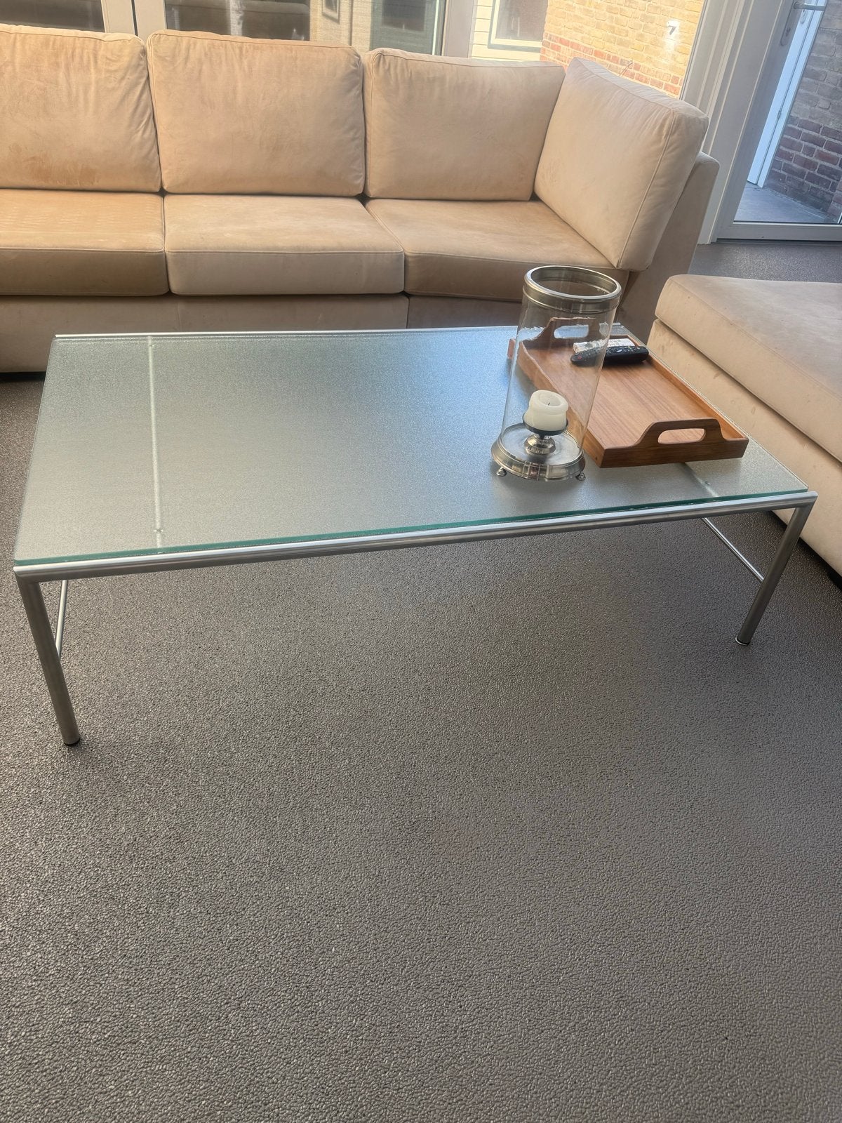 Design Salontafel met Glazen Blad en RVS Onderstel, Ophalen, Zo goed als nieuw, Glas