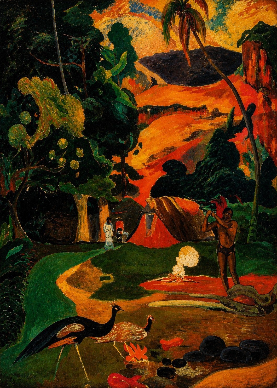 Tropisch landschap met figuren en pauwen - Gauguin Poster, Ophalen of Verzenden