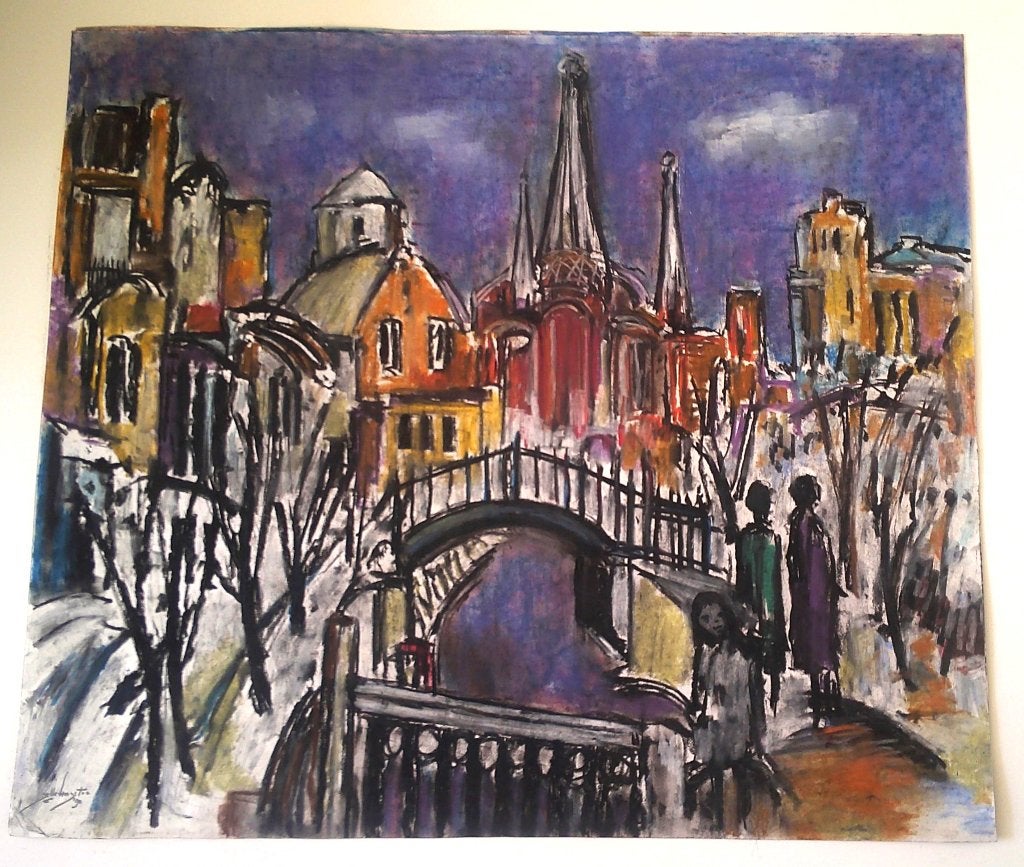 Vrouwen en meisje in stad '90 - Jelle Hoogstra 1924-2003, Antiek en Kunst, Expressionistisch, Ophalen of Verzenden, Papier, Stads- / dorpsgezicht