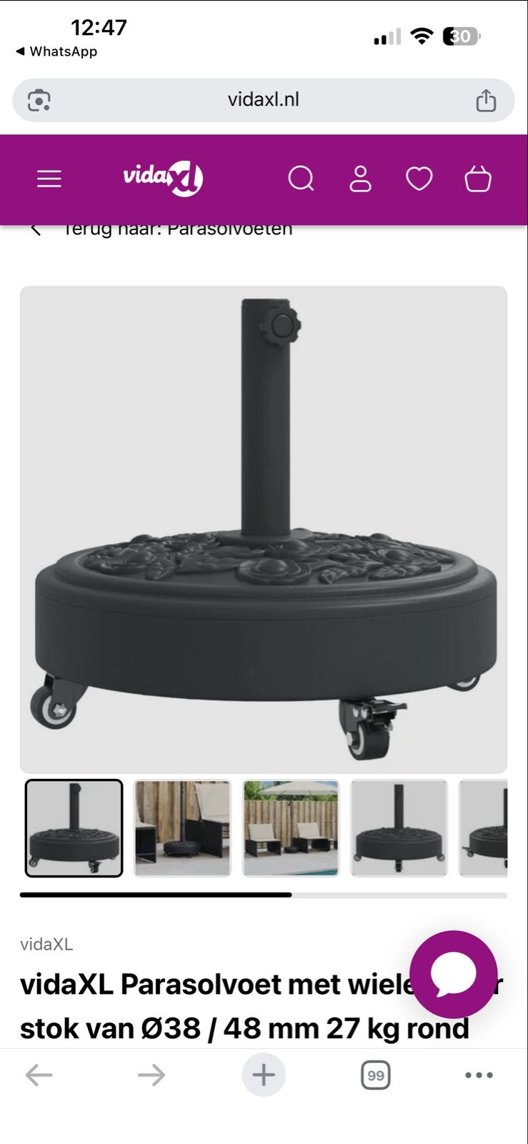 vidaXL Parasolvoet met wielen, 27 kg, rond, zwart, Ophalen, Nieuw, Minder dan 1 meter, Parasolvoet