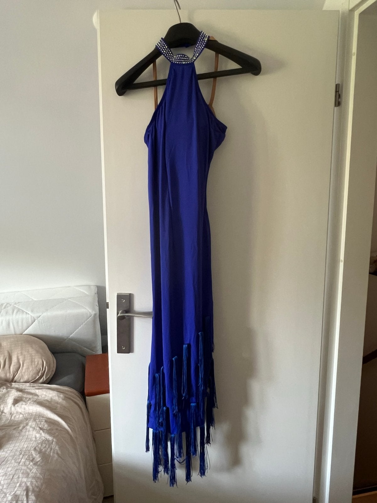 Koningsblauwe Latin Dansjurk S/M met Fringe, Strass & Sierad, Blauw, Nieuw, Ophalen of Verzenden, Maat 36 (S)
