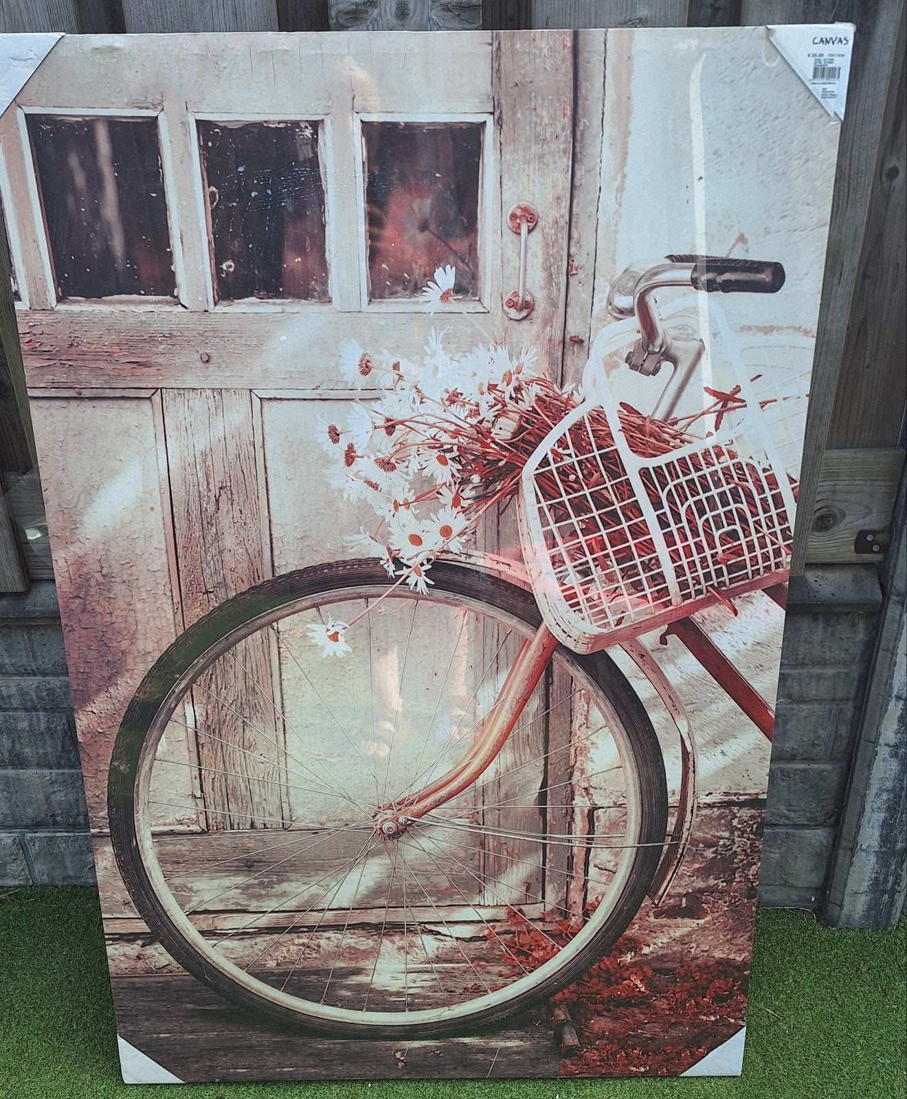Canvas schilderij fiets met bloemen 75x115cm, Ophalen, Nieuw, Schilderij, 75 – 100