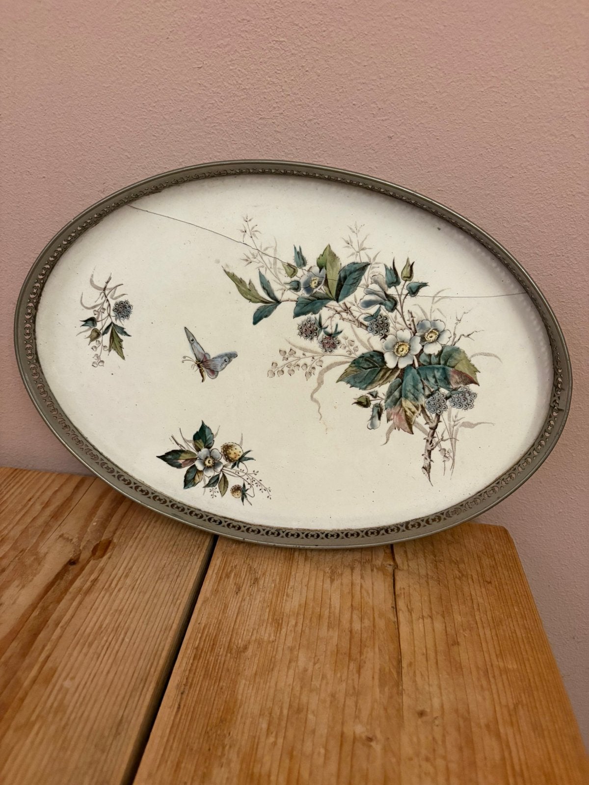 Antiek porselein dienblad met bloemen, Ophalen of Verzenden