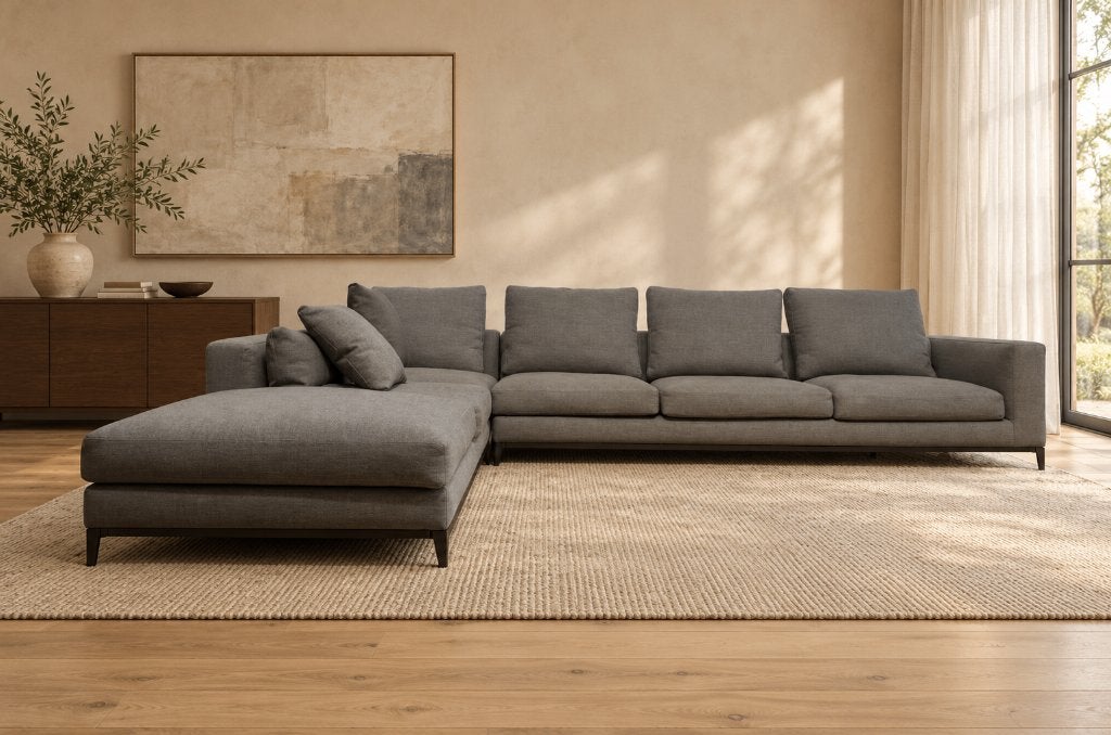 ZGAN Minotti Andersen Hoekbank Grijs + GARANTIE | NP €25.000, Minotti, Hoekbank, 300 cm of meer, Vierpersoons of meer
