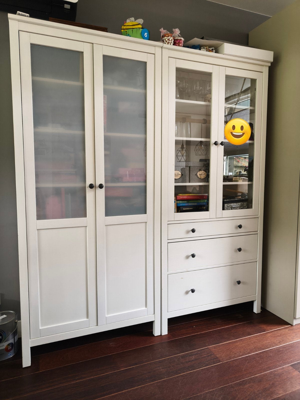 2 witte kasten met glazen deuren en lades, Hemnes serie Ikea, Ophalen, Gebruikt, 200 cm of meer, Met lade(s)