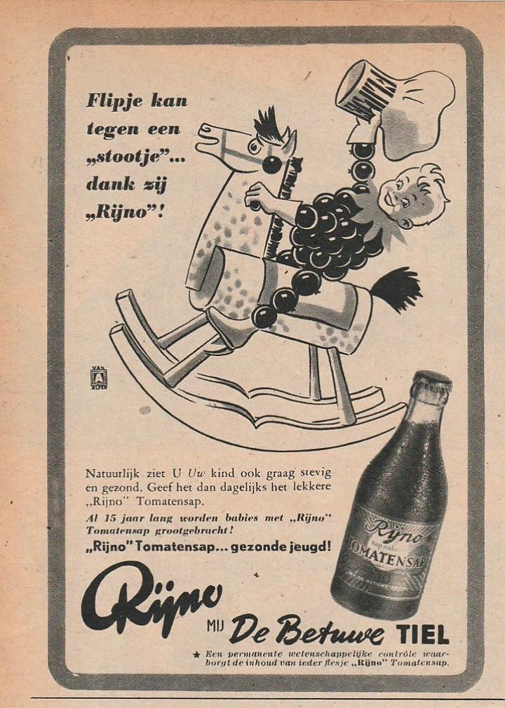 retro reclame 1950 Betuwe Flipje Tiel Rijno hobbelpaard, Verzenden, Overige typen