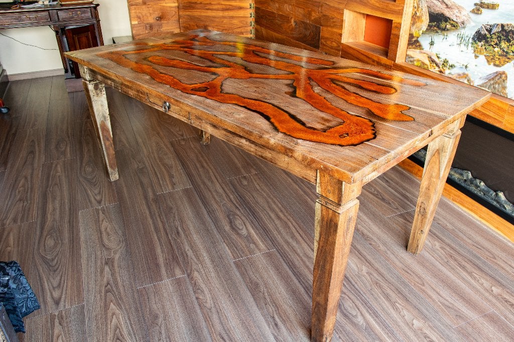 Unieke massief teakhouten eettafel 180 cm met epoxy, Ophalen, Gebruikt, Teakhout, 50 tot 100 cm
