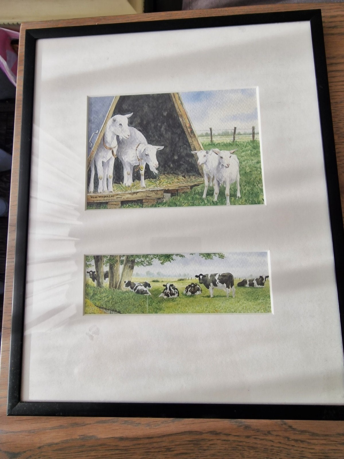 Ingelijst schilderijtje geiten en koeien Wiebe vd Zee 2002, Ophalen, Realistisch, Dieren, Aquarel
