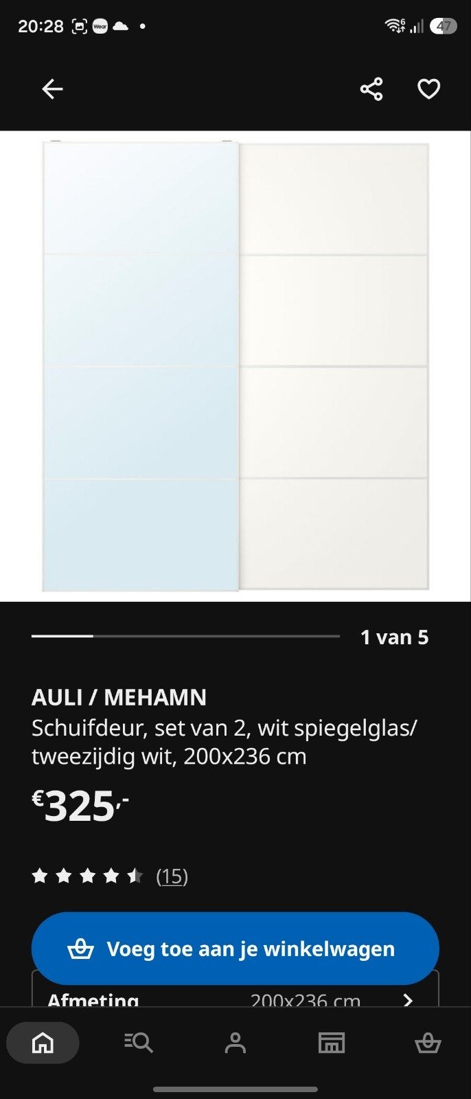2x IKEA PAX schuifdeuren 200x236cm met spiegel, Ophalen, Gebruikt, 100 tot 150 cm, 200 cm of meer