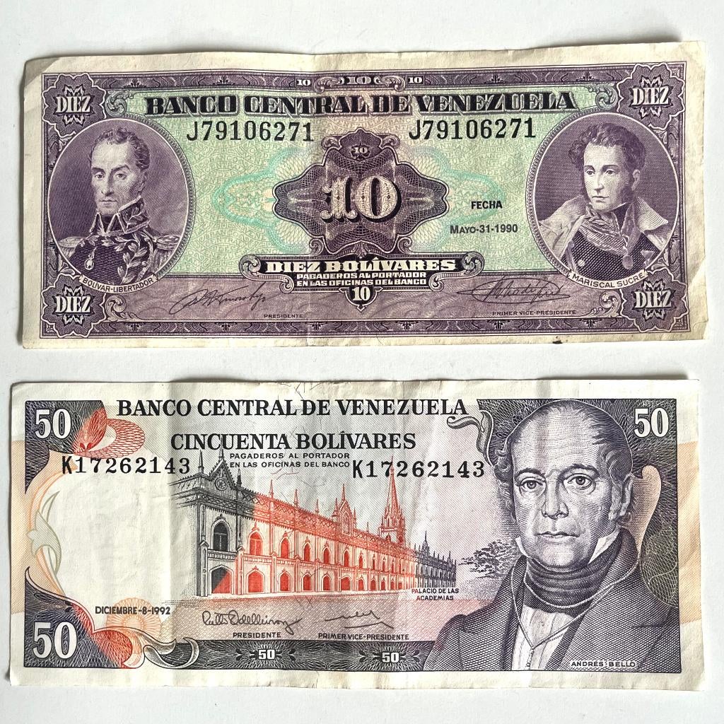 Twee Venezolaanse bankbiljetten (10 en 50 Bolivar) jaren 90, Ophalen of Verzenden, Zuid-Amerika, Los biljet