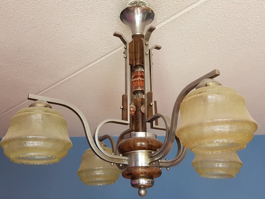 Art Deco Amsterdamse School kroonluchter/plafondlamp, Huis en Inrichting, Ophalen, Gebruikt, Glas