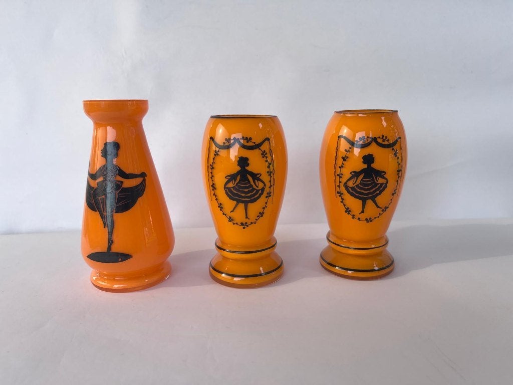 3 tango glazen vaasjes met decor van danseres, Ophalen of Verzenden