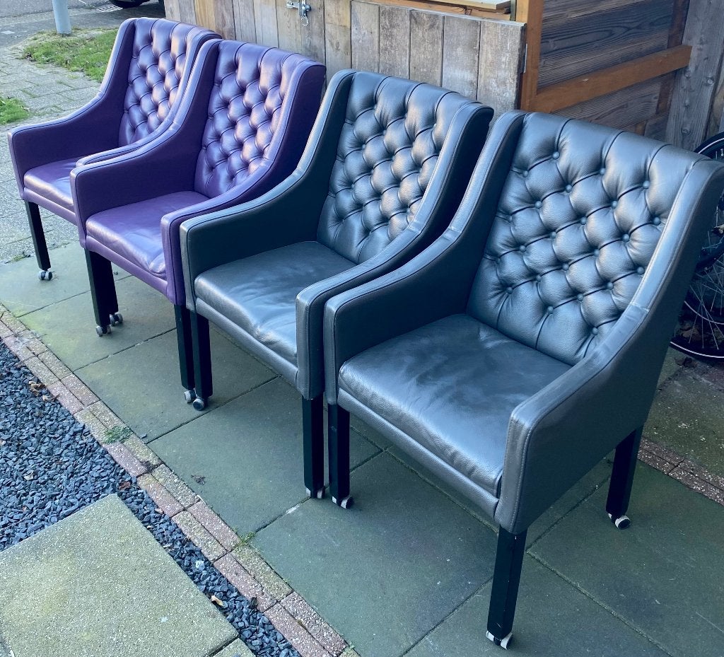 4 of 6 Leren luxe eetkamerstoelen Gray/Purple van Goossens, Huis en Inrichting, Gebruikt, Vijf, Zes of meer stoelen, Ophalen, Hout