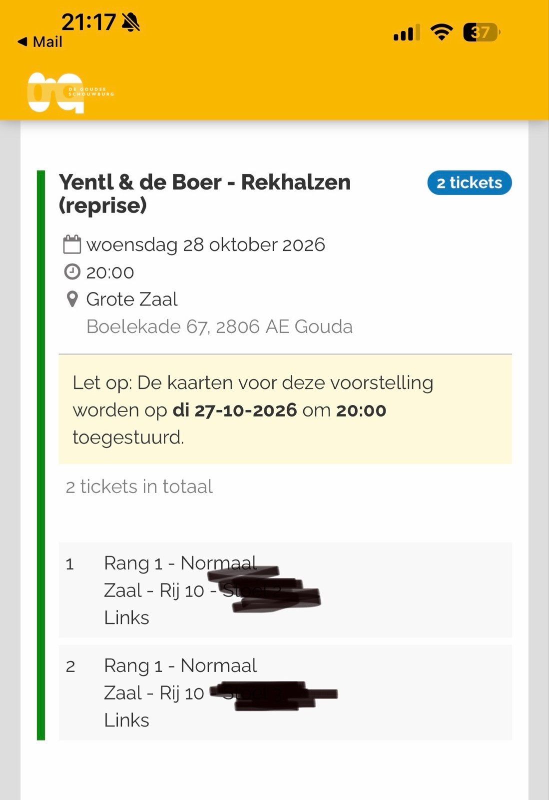 Yentl en de Boer - Rekhalzen, 2 tickets, Gouda 28-10-2026, Tickets en Kaartjes, Twee personen, Augustus
