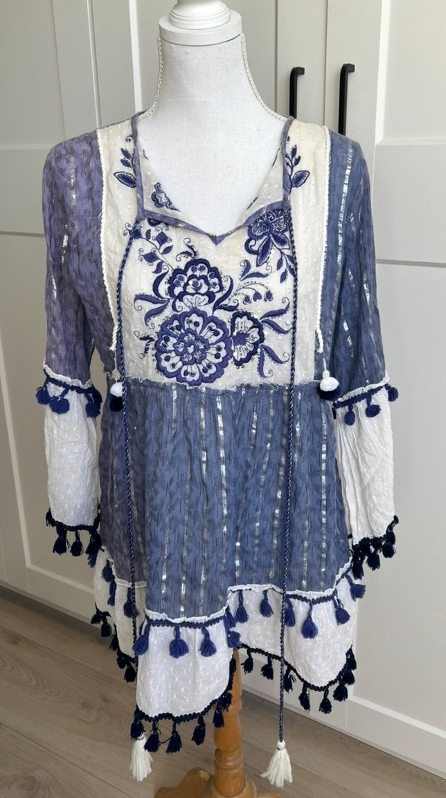 Aparte tuniek blauw wit zilver 38, Ophalen of Verzenden, Zo goed als nieuw, Maat 38/40 (M), Blauw